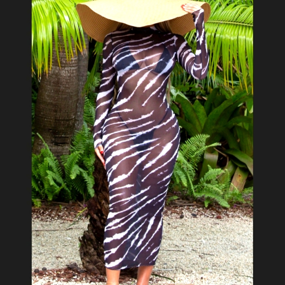 SOLD OUT EVERYWHERE Zebra print long sheer mesh beach cover up